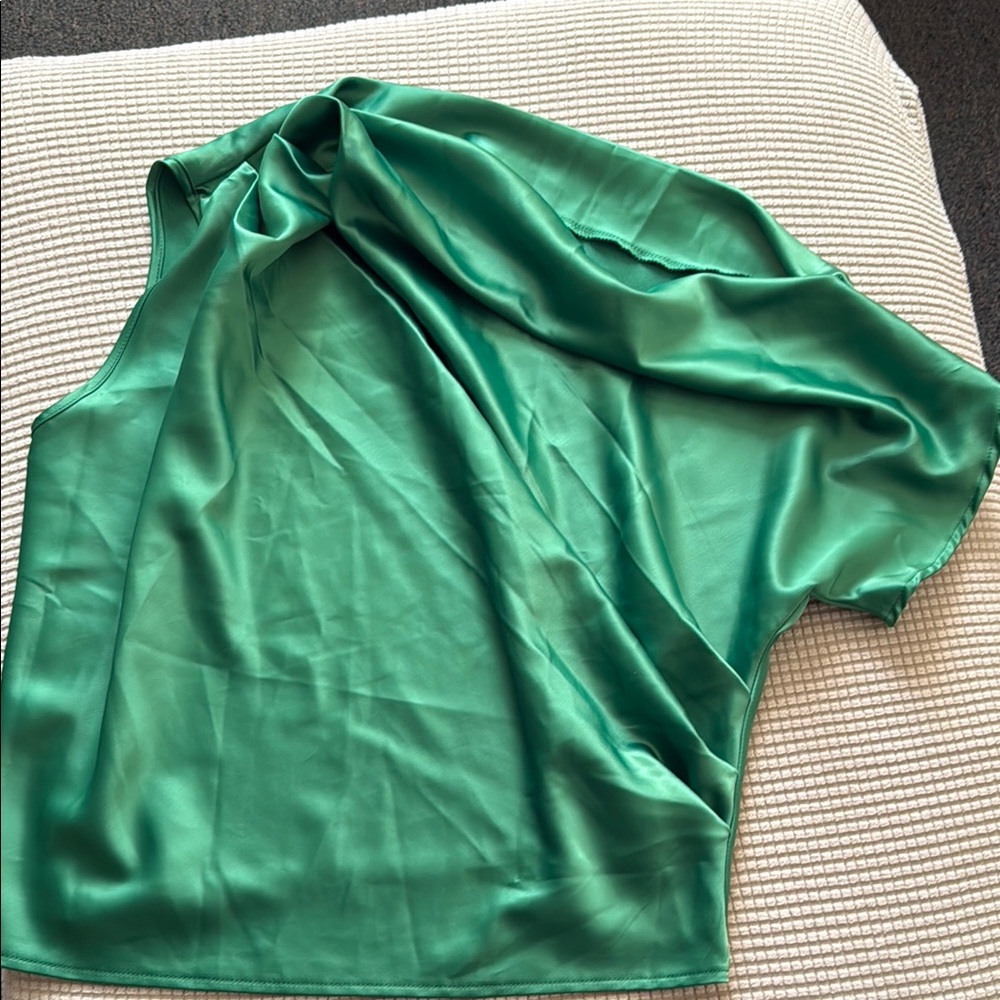 Sleek Green Satin Top draped shoulder/neck. New without tag. XL fit L OR M